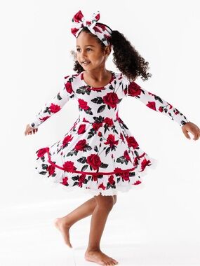 Bums & Roses 7/8Y Girls White & Red The Final Rose Print Dress only soft bamboo